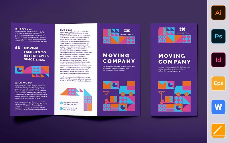 Download Фирменный стиль "Moving Company Brochure Trifold - Corporate Identity Template" / Moving Company Brochure Trifold - Corporate Identity Template - Фирменный стиль на тему графика brochure,trifold,template,corporate,company,branding,moving,packing,carriage,mover,transport,service,purple,pink,orange