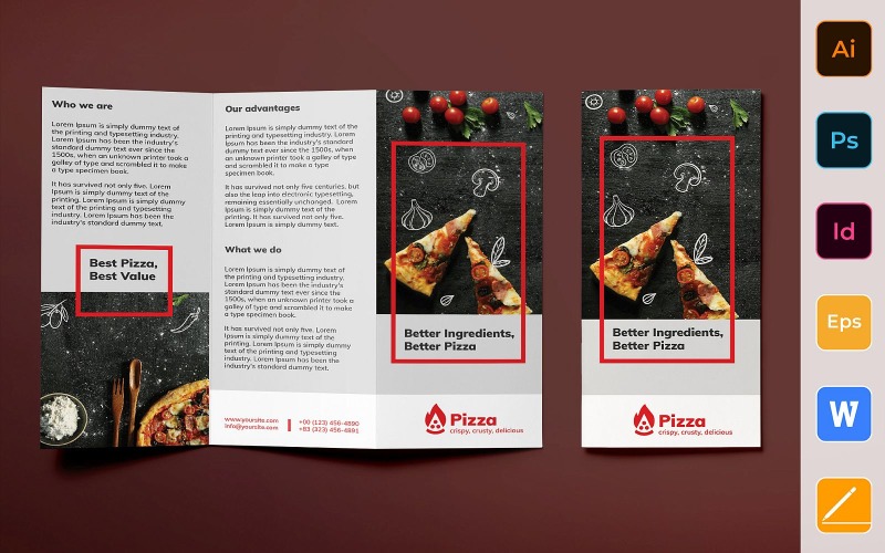 Download Фирменный стиль "Pizza Brochure Trifold - Corporate Identity Template" / Pizza Brochure Trifold - Corporate Identity Template - Фирменный стиль на тему графика brochure,trifold,template,corporate,company,branding,pizza,food,fastfood,pizzeria,restaurant,cafe,red,grey,black