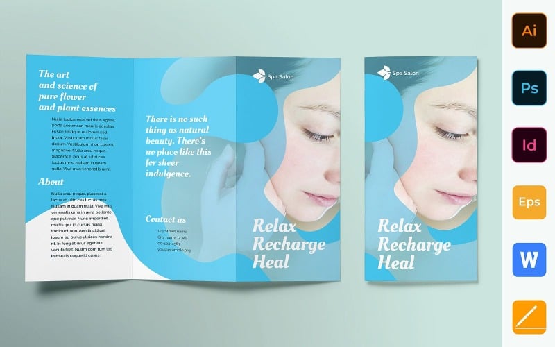 Download Фирменный стиль "Spa Salon Brochure Trifold - Corporate Identity Template" / Spa Salon Brochure Trifold - Corporate Identity Template - Фирменный стиль на тему графика brochure,trifold,template,corporate,company,branding,spa,beauty salon,massage,spa salon,treatment,therapy,blue,green,white