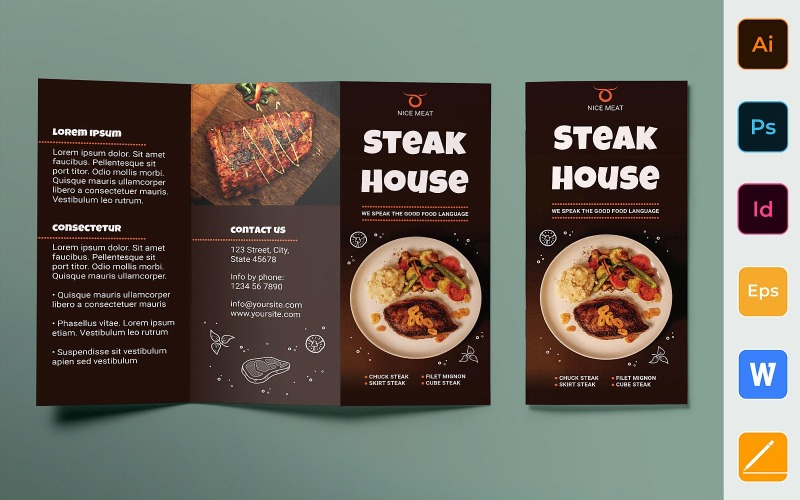 Download Фирменный стиль "Steak House Brochure Trifold - Corporate Identity Template" / Steak House Brochure Trifold - Corporate Identity Template - Фирменный стиль на тему графика brochure,trifold,template,corporate,company,branding,steak,grill,food,bbq,meat,beef,brown,orange,white