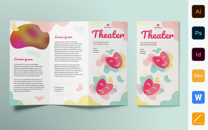 Download Фирменный стиль "Theater Brochure Trifold - Corporate Identity Template" / Theater Brochure Trifold - Corporate Identity Template - Фирменный стиль на тему графика brochure,trifold,template,corporate,company,branding,theater,actor,art,actress,performance,theatre,white,pink,yellow