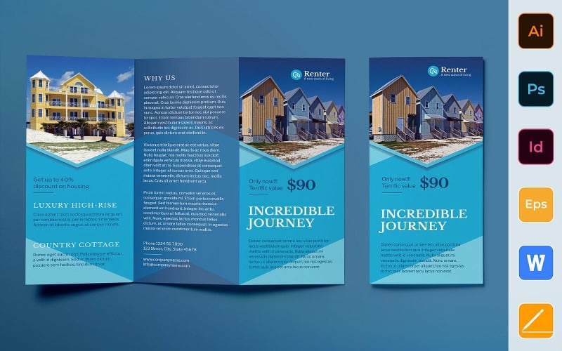 Download Фирменный стиль "Vacation Rental Brochure Trifold - Corporate Identity Template" / Vacation Rental Brochure Trifold - Corporate Identity Template - Фирменный стиль на тему графика brochure,trifold,template,corporate,company,branding,vacation,rental,travel,trip,booking,airbnb,blue,white,marine