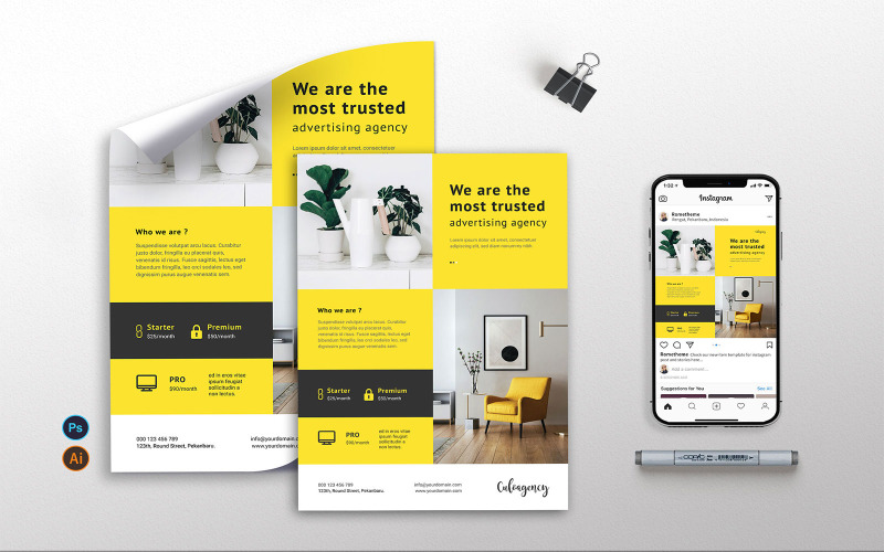 Download Фирменный стиль "Agency vol.02 - Flyer, Poster &amp; Instagram TY - Corporate Identity Template" / Agency vol.02 - Flyer, Poster &amp; Instagram TY - Corporate Identity Template - Фирменный стиль на тему графика yellow,black,grey,minimalist,dark,a4,a3,flyer,poster,instagram,modren,agency,corporate,furniture