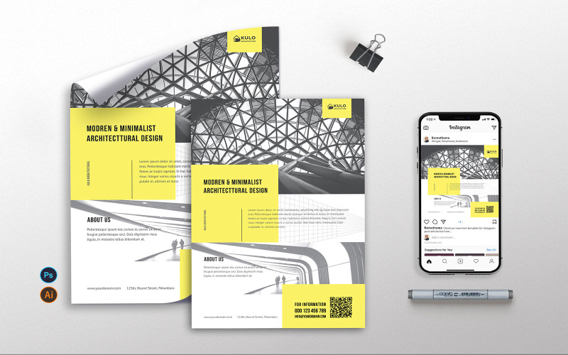 Download Фирменный стиль "Architecture vol.02 -  Flyer, Poster &amp; Instagram TY" / Architecture vol.02 -  Flyer, Poster &amp; Instagram TY - Фирменный стиль на тему графика architecute,construction,modern,minimalis,clean,a4,a3,instagram,yellow,black,flyer,poster,promotion,services,agency,business,company