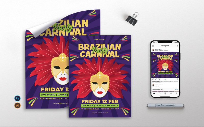 Download Фирменный стиль "Brazillian Carnival - Flyer, Poster &amp; Instagram KF" / Brazillian Carnival - Flyer, Poster &amp; Instagram KF - Фирменный стиль на тему графика festival,event,music,full colour,illustration,corporate,agency,a3,a4,instagram,mask festival