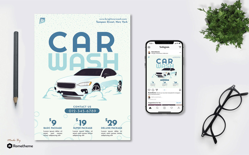 Download Фирменный стиль "Bright Car Wash - Flyer &amp; Instagram Post - Corporate Identity Template" / Bright Car Wash - Flyer &amp; Instagram Post - Corporate Identity Template - Фирменный стиль на тему графика a4,banner,blue,bright,business,car,design,flyer,navy,print,promotion,services,white