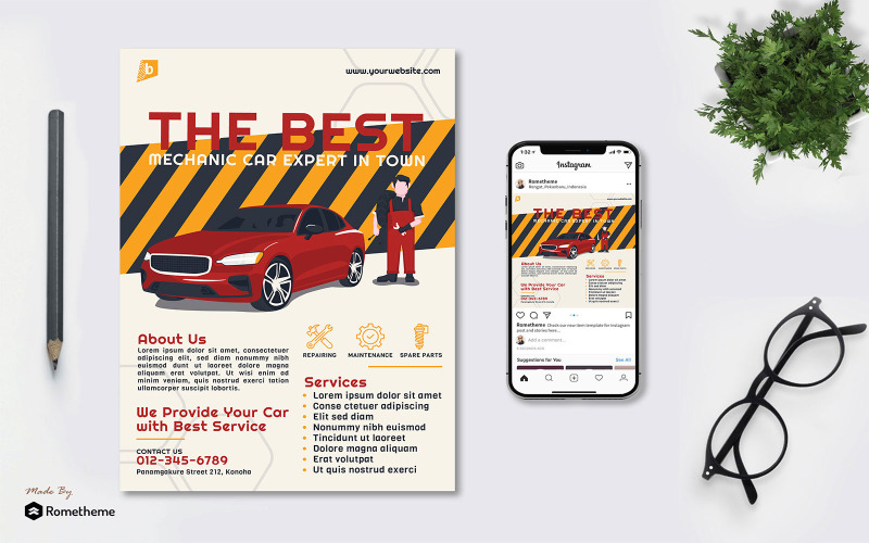 Download Фирменный стиль "Car Mechanic vol.01 - Flyer &amp; Instagram Post - Corporate Identity Template" / Car Mechanic vol.01 - Flyer &amp; Instagram Post - Corporate Identity Template - Фирменный стиль на тему графика a4,banner,business,car,design,flyer,mechanic,print,promotion,red,services,street,yellow