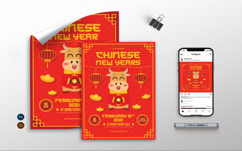 Download Фирменный стиль "Chinese New Year 2021 - Flyer KF - Corporate Identity Template" / Chinese New Year 2021 - Flyer KF - Corporate Identity Template - Фирменный стиль на тему графика chinese,ilustration,festival,celebration,new year,a4,a3,instagram,clean,full colour,buffalo,events,promotion,flyer,poster,celebrate,2021