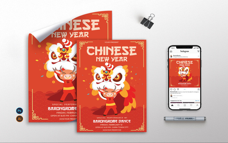Download Фирменный стиль "Chinese New Year - Flyer, Poster AS - Corporate Identity Template" / Chinese New Year - Flyer, Poster AS - Corporate Identity Template - Фирменный стиль на тему графика chinese,newyear,flyer,event,celebration,club,barongsai,lantern,red,print,illustration,template,clean
