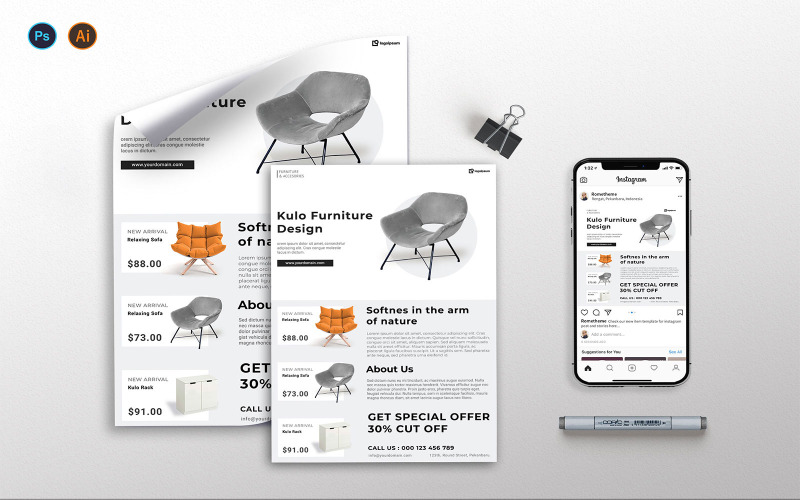 Download Фирменный стиль "Furniture vol.01 – Flyer, Poster, &amp; Instagram" / Furniture vol.01 – Flyer, Poster, &amp; Instagram - Фирменный стиль на тему графика a3,a4,banner,business,clean,creative,design,flyer,furniture,green,instagram,interior,minimalist,nature,poster,product,promotion,template