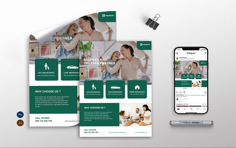 Download Фирменный стиль "Insurance vol.01 Flyer, Poster, Instagram Post - Corporate Identity Template" / Insurance vol.01 Flyer, Poster, Instagram Post - Corporate Identity Template - Фирменный стиль на тему графика a4,banner,brochure,clean,creative,design,feminism,flyer,instagram,invitation,minimalist,modern,party,post,poster,promotion,psd,template,wedding,white
