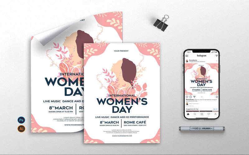 Download Фирменный стиль "International Womens Day - Flyer, Poster &amp; Instagram AS" / International Womens Day - Flyer, Poster &amp; Instagram AS - Фирменный стиль на тему графика international,womens,womensday,party,celebration,girl,female,flyer,poster,celebrate,clean,flowers,pink