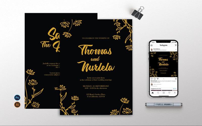Download Фирменный стиль "Wedding Invitation - Flyer, &amp; Instagram AS - Corporate Identity Template" / Wedding Invitation - Flyer, &amp; Instagram AS - Corporate Identity Template - Фирменный стиль на тему графика clean,wedding,invitation,flyer,a4,instagram,floral,gold,black,feminime,weddinginvitation,deluxeinviteparty,announcment,married,marriage,card,flower,celebrate,celebration