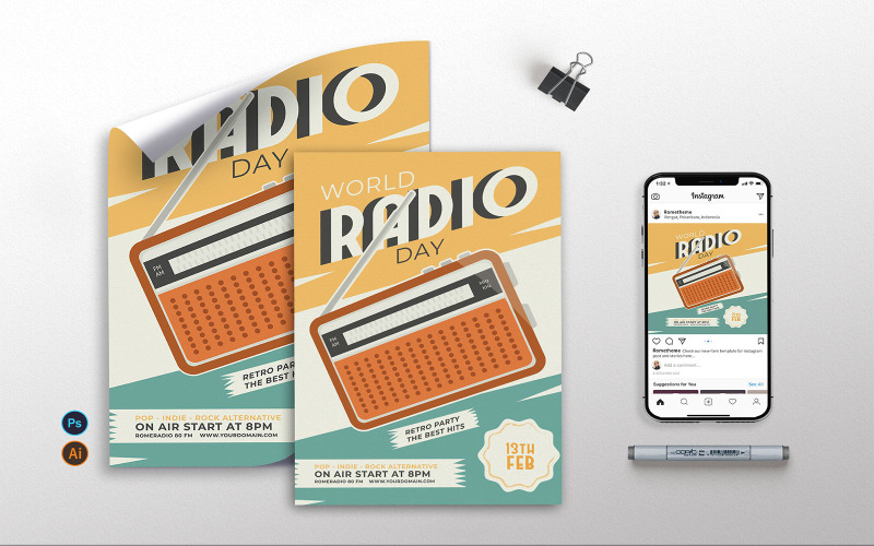 Download Фирменный стиль "World Radio Day vol.02 - Flyer, Poster &amp; Instagram TY" / World Radio Day vol.02 - Flyer, Poster &amp; Instagram TY - Фирменный стиль на тему графика radio day,radio,ilustration,festival,celebration,a4,a3,instagram,clean,full colour,retro,yellow,flyer,poster,promotion,celebrate