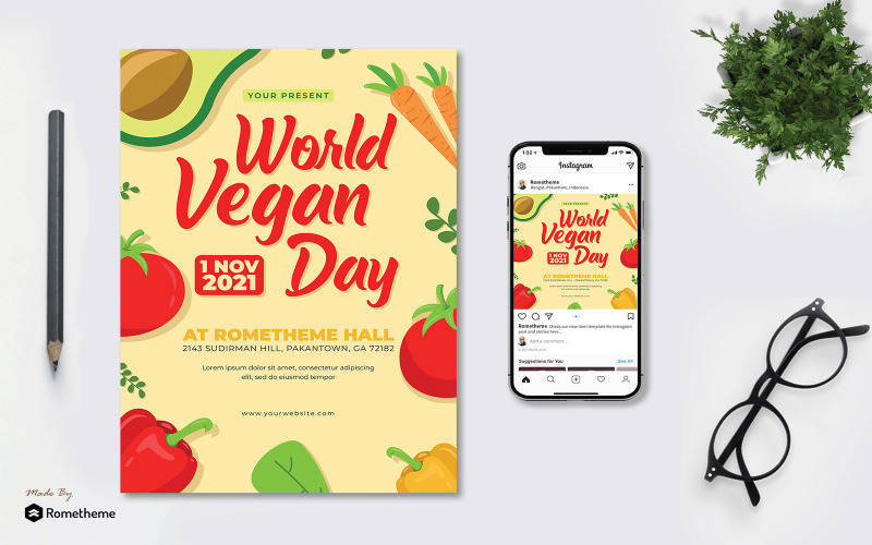 Download Фирменный стиль "World Vegan Day - Flyer &amp; Instagram Post - Corporate Identity Template" / World Vegan Day - Flyer &amp; Instagram Post - Corporate Identity Template - Фирменный стиль на тему графика a4,banner,business,design,fruit,health,nature,print,promotion,vegan