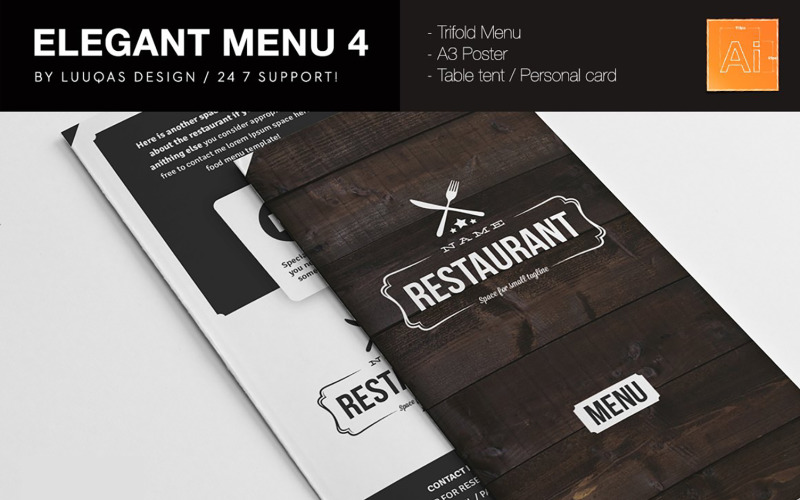Download Фирменный стиль "Elegant Food Menu 4 - Corporate Identity Template" / Elegant Food Menu 4 - Corporate Identity Template - Фирменный стиль на тему графика elegant,food,menu,template,flyer,ad,advertising,eat,drink,list,prices,design,poster,trifold,table tent,personal card,bar,restaurant,dish,classy
