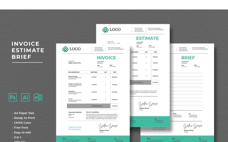 Download Фирменный стиль "Invoice  Estimate Brief - Corporate Identity Template" / Invoice  Estimate Brief - Corporate Identity Template - Фирменный стиль на тему графика invoice,payment,office,word,excel,bill,finance,template,expense,design,corporate,budget,money,accounting,pay