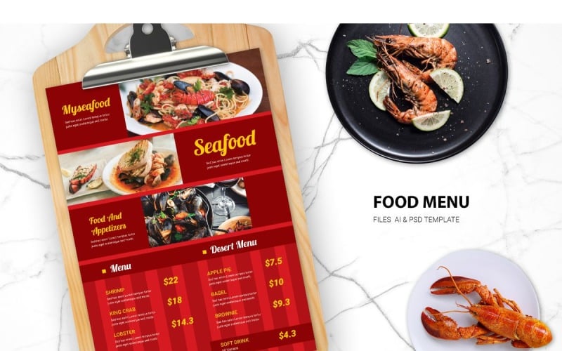 Download Фирменный стиль "Food Menu Seafood - Corporate Identity Template" / Food Menu Seafood - Corporate Identity Template - Фирменный стиль на тему графика adobe illustrator,adobe photoshop,bar,bundle,business,cafe,catering,coffee,shop,drink,food,list,menu,price,restaurant,template