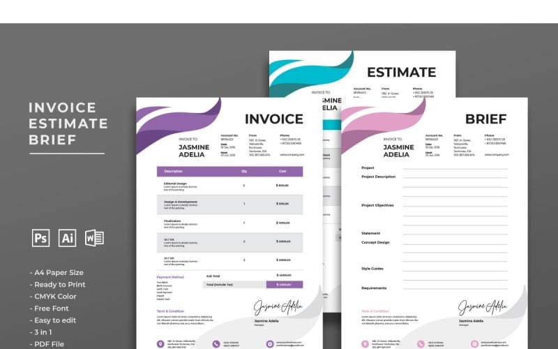Download Фирменный стиль "Invoice Jasmine Adelia - Corporate Identity Template" / Invoice Jasmine Adelia - Corporate Identity Template - Фирменный стиль на тему графика invoice,payment,office,word,excel,bill,finance,template,expense,design,corporate,budget,money,accounting,pay