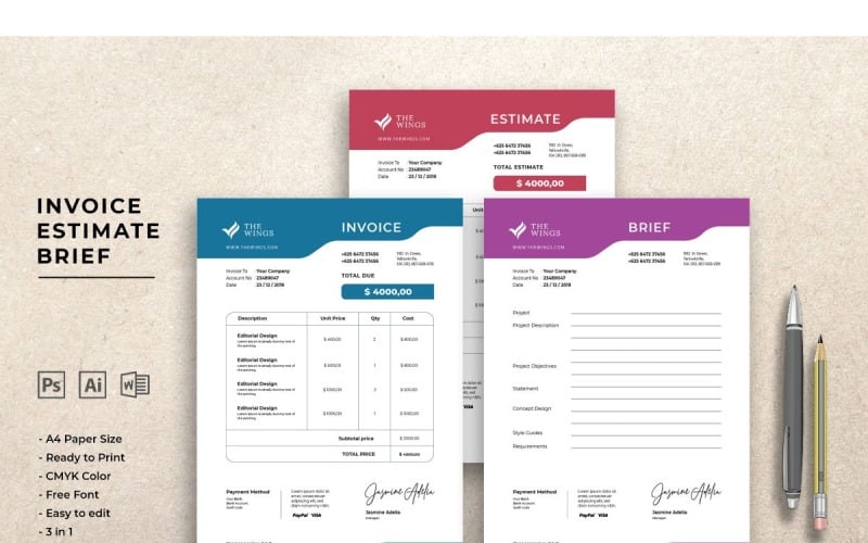 Download Фирменный стиль "Invoice The Wings - Corporate Identity Template" / Invoice The Wings - Corporate Identity Template - Фирменный стиль на тему графика invoice,payment,office,word,excel,bill,finance,template,expense,design,corporate,budget,money,accounting,pay