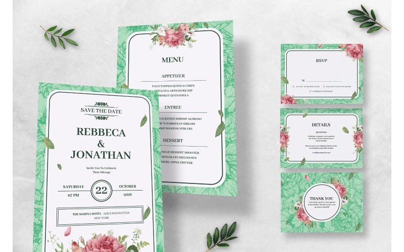 Download Фирменный стиль "Wedding Invitation Green Flower - Corporate Identity Template" / Wedding Invitation Green Flower - Corporate Identity Template - Фирменный стиль на тему графика card,wedding,design,invitation,illustration,vector,greeting,invite,celebration,marriage,set,romantic,royal,lux,glamour
