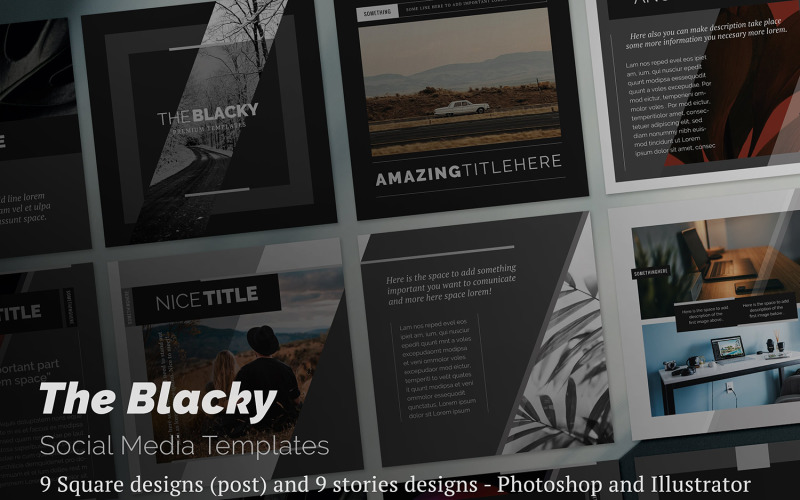 Download Шаблон для соцсетей "Black  Templates for Social Media" / Black  Templates for Social Media - Шаблон для соцсетей на тему графика social,media,templates,dark,black,obscure,theme,presentation,post,stories,design,lines,formal,geometrical,future,masculine,instagram,facebook,likes,followers