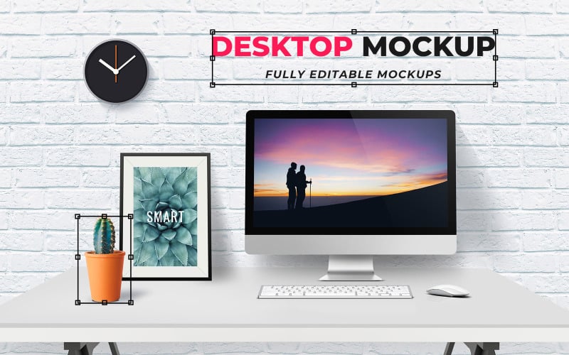 Download Мокап для продукта "Desktop product mockup" / Desktop product mockup - Мокап для продукта на тему графика desktop,imac,photo,frame,with,table,pot,clock,template,templates,mockup,mockups,screen,generator,presentations