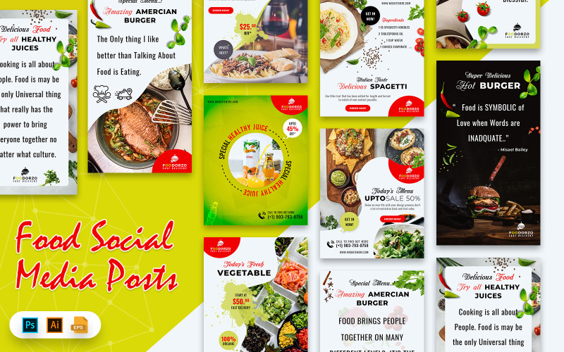 Download Шаблон для соцсетей "Food  Posts Social Media Template" / Food  Posts Social Media Template - Шаблон для соцсетей на тему графика social,media,banners,instagram,posts,stories,socialmedia,feed,story,banner,insta,food,festival,offer,promotion