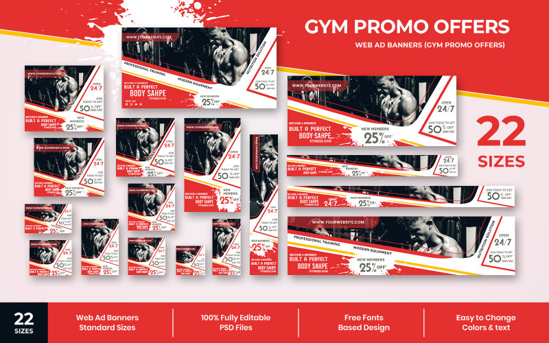 Download Шаблон для соцсетей "Gym Offers Web Ad Banners Social Media Template" / Gym Offers Web Ad Banners Social Media Template - Шаблон для соцсетей на тему графика realestate,promotions,ad,adbanner,advertisement,marketing,retail,online,sale,webbanners,google,websitebanner,creative,clean,offers