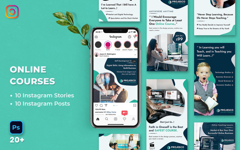 Download Шаблон для соцсетей "Online Course Instagram Stories &amp; Posts Social Media Template" / Online Course Instagram Stories &amp; Posts Social Media Template - Шаблон для соцсетей на тему графика social media banner,instagram,instagram post,feed,instagram stories,template,banners,promotion,advertisement,online,course,e learning,tuition,education