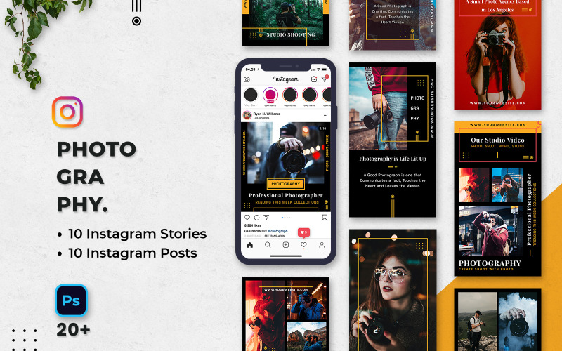 Download Шаблон для соцсетей "Photography Instagram Stories &amp; Posts Social Media Template" / Photography Instagram Stories &amp; Posts Social Media Template - Шаблон для соцсетей на тему графика social media banner,instagram,instagram post,feed,instagram stories,template,banners,promotion,advertisement,camera,creative,studio,photography