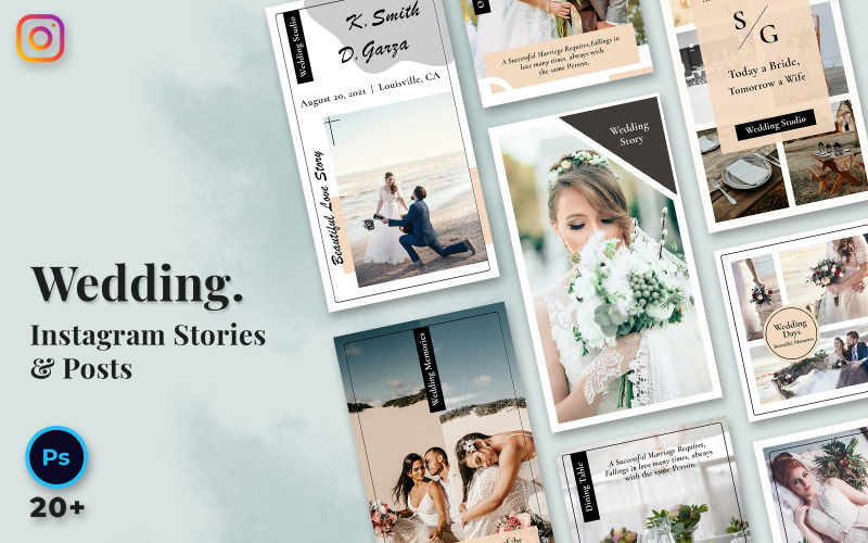 Plantilla de redes sociales para historias y publicaciones de Instagram de bodas