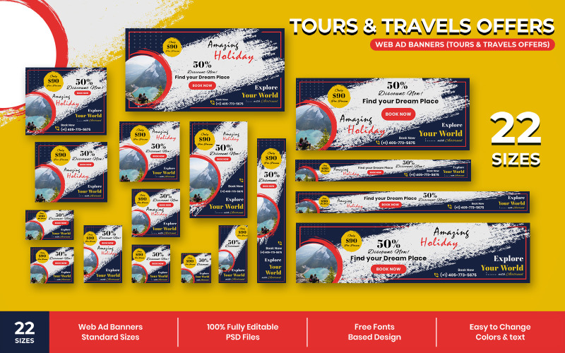 Download Шаблон для соцсетей "Tours &amp; Travels Web Ad Banners Social Media Template" / Tours &amp; Travels Web Ad Banners Social Media Template - Шаблон для соцсетей на тему графика realestate,promotions,ad,adbanner,advertisement,marketing,retail,online,sale,webbanners,google,websitebanner,creative,clean,offers