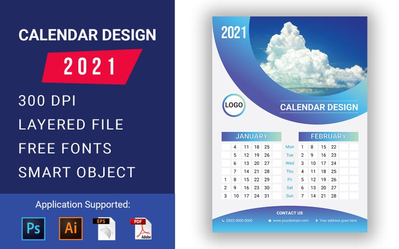 6 Pages Wall Calendar 2021 Design Template Planner