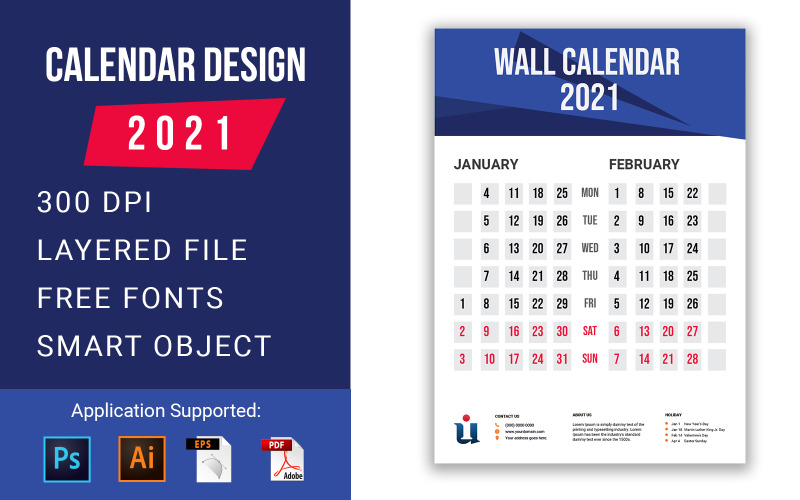 Plantilla de diseño de calendario de pared mínimo 2021 Planner