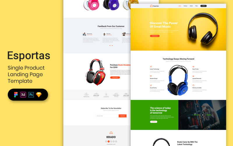 Elemente der Benutzeroberfläche für Landing Page-Vorlagen für einzelne Produkte