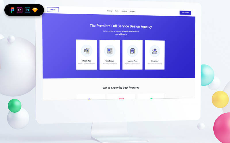 Elementos de interface do modelo da página de destino da agência de design