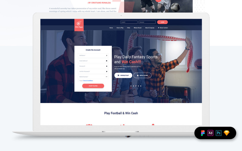 Éléments de l'interface utilisateur du modèle de page de destination Football Fantasy
