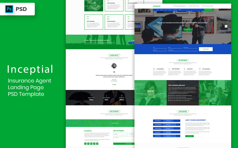 Elementos de interface do modelo PSD da página de destino do agente de seguros