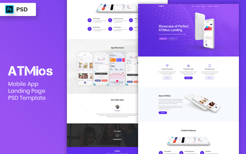 Elementos de interface do usuário do PSD Template-04 da página de destino do aplicativo móvel