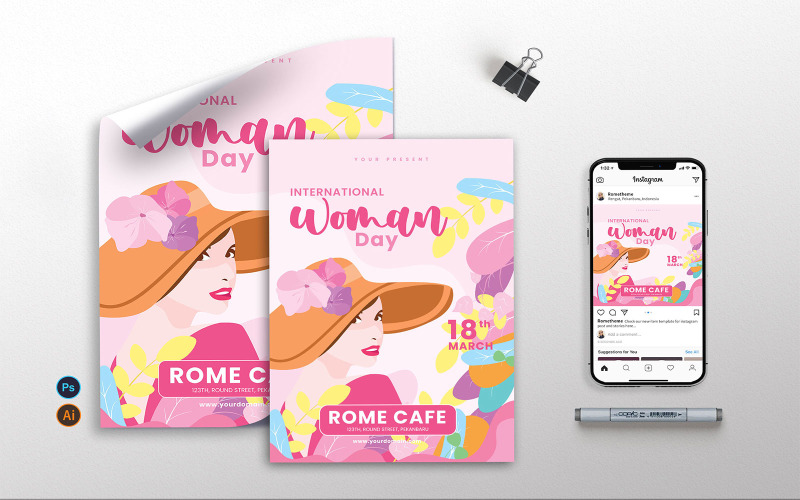 Download Фирменный стиль "International Womens Day vol.01 - Flyer, Poster &amp; Instagram TY" / International Womens Day vol.01 - Flyer, Poster &amp; Instagram TY - Фирменный стиль на тему графика international,womens,womensday,party,celebration,girl,female,flyer,poster,celebrate,clean,flowers,pink
