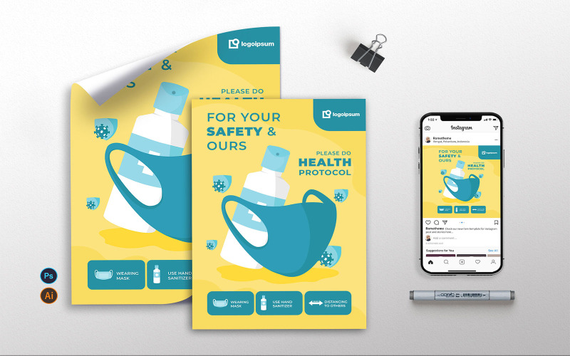 Download Фирменный стиль "Mask Awareness vol.02  - Flyer, Poster &amp; Instagram TY" / Mask Awareness vol.02  - Flyer, Poster &amp; Instagram TY - Фирменный стиль на тему графика mask,covid,corona,template,poster,flyer,instagram,health,healthy,print,ai,psd,illustration