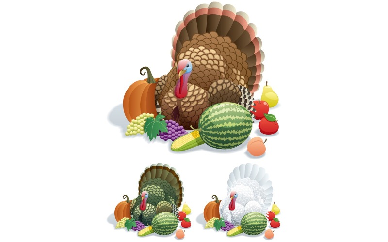 Download Иллюстрация "Thanksgiving Turkey - Illustration" / Thanksgiving Turkey - Illustration - Иллюстрация на тему графика thanksgiving,turkey,cornucopia,autumn,fall,holiday,crop,harvest,vector,cartoon,illustration,clip art,design,element,isolated,white,brown,green,background,fruit
