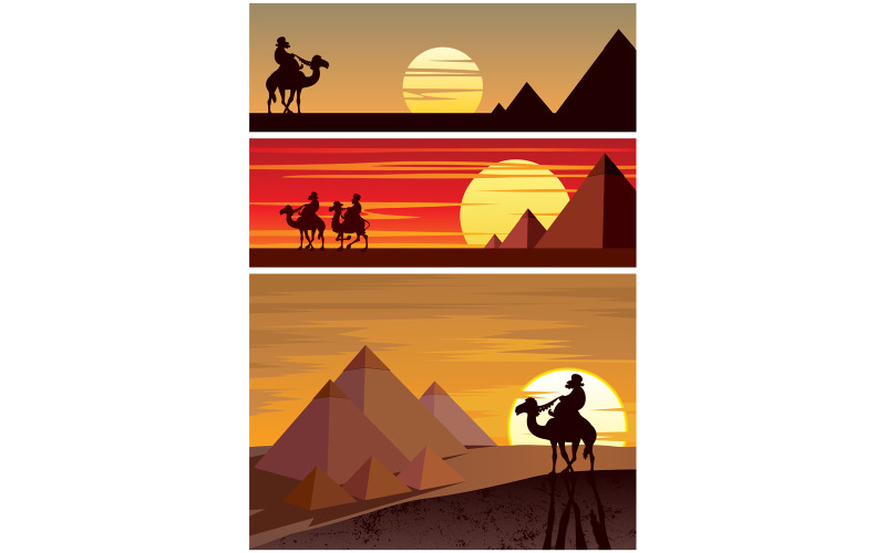 Download Иллюстрация "The Pyramids - Illustration" / The Pyramids - Illustration - Иллюстрация на тему графика pyramid,great,egypt,egyptian,giza,cairo,monument,ancient,landscape,vector,cartoon,illustration,background,silhouette,horizontal,dusk,sunset,sun,desert,camel