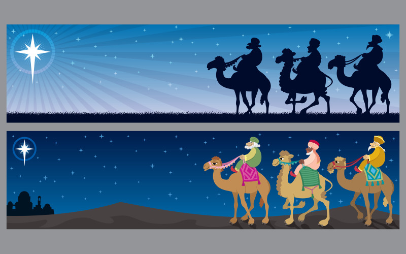 Download Иллюстрация "Three Kings Landscapes - Illustration" / Three Kings Landscapes - Illustration - Иллюстрация на тему графика christmas,banner,horizontal,landscape,three wise men,magi,three kings,kings from the east,star,star of bethlehem,silhouette,background,copy space,nativity scene,bible,travel,journey,camel,men