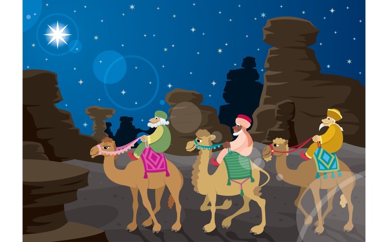 Download Иллюстрация "Three Wise Men - Illustration" / Three Wise Men - Illustration - Иллюстрация на тему графика three wise men,magi,three kings,kings from the east,star,star of bethlehem,nativity scene,christmas,bible,travel,journey,camel,men,desert,night,landscape,background,wallpaper,wise,wisdom