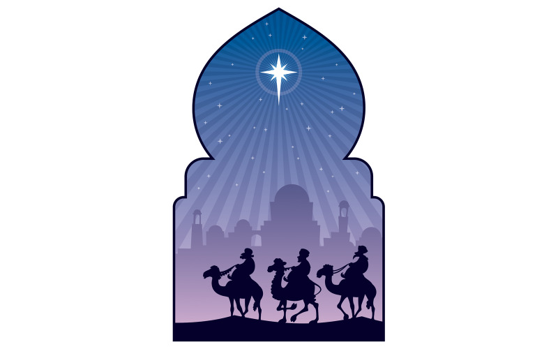 Download Иллюстрация "Three Wise Men - Illustration" / Three Wise Men - Illustration - Иллюстрация на тему графика star of bethlehem,star,three wise men,magi,three kings,kings from the east,nativity scene,christmas,background,greeting,card,silhouette,cartoon,bible,travel,journey,camel,men,night,landscape