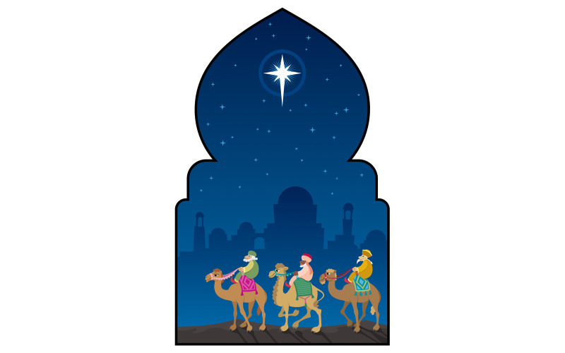 Download Иллюстрация "Three Wise Men - Illustration" / Three Wise Men - Illustration - Иллюстрация на тему графика star of bethlehem,star,three wise men,magi,three kings,kings from the east,nativity scene,christmas,background,greeting,card,silhouette,cartoon,bible,travel,journey,camel,men,night,landscape