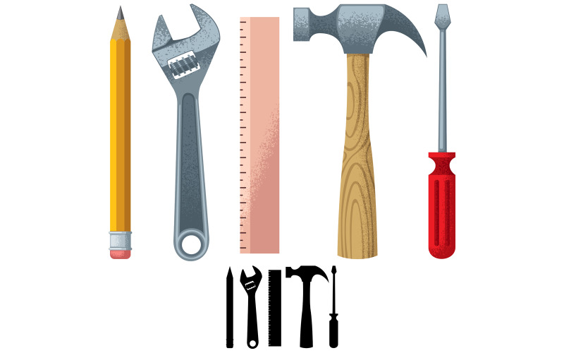 Download Иллюстрация "Tools - Illustration" / Tools - Illustration - Иллюстрация на тему графика tool,hand,work,manual,pencil,equipment,object,wrench,spanner,adjustable,monkey,ruler,hammer,screwdriver,set,pack,collection,silhouette,concept,repair