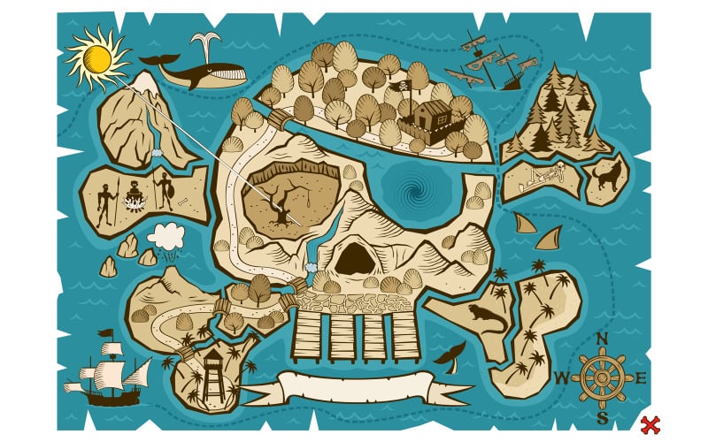 Download Иллюстрация "Treasure Map - Illustration" / Treasure Map - Illustration - Иллюстрация на тему графика treasure map,map,cartography,treasure,island,pirate,skull,bones,jolly roger,old,compass,sea,ocean,ship,sailing ship,shipwreck,tree,forest,whale,shark